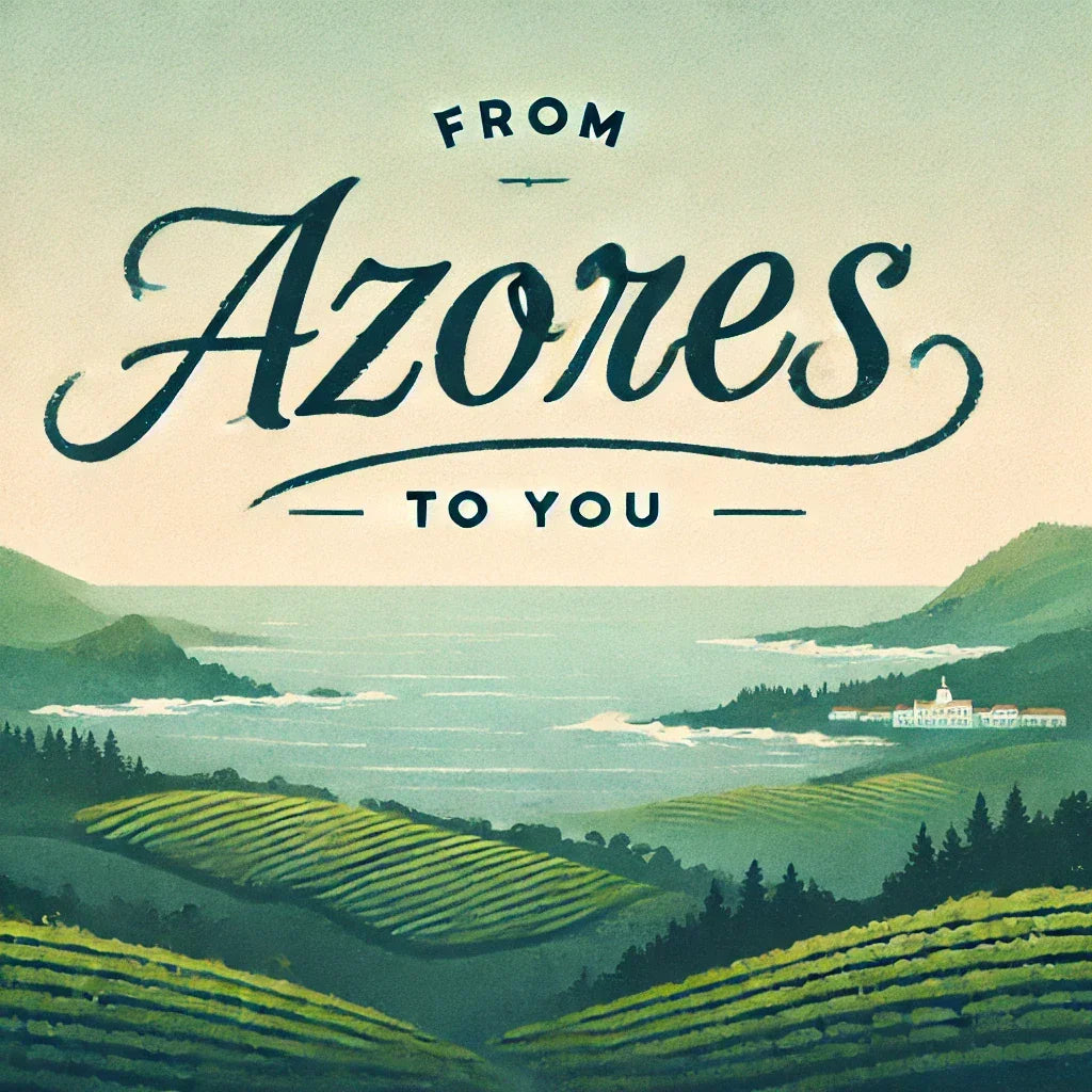 Scenic Azores landscape with green hills, vineyards, ocean view, and text From Azores To You