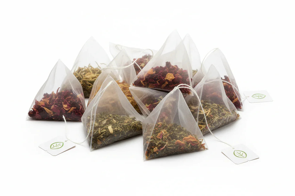 Assorted pyramid-shaped tea bags with various dried herbs and flowers on white background