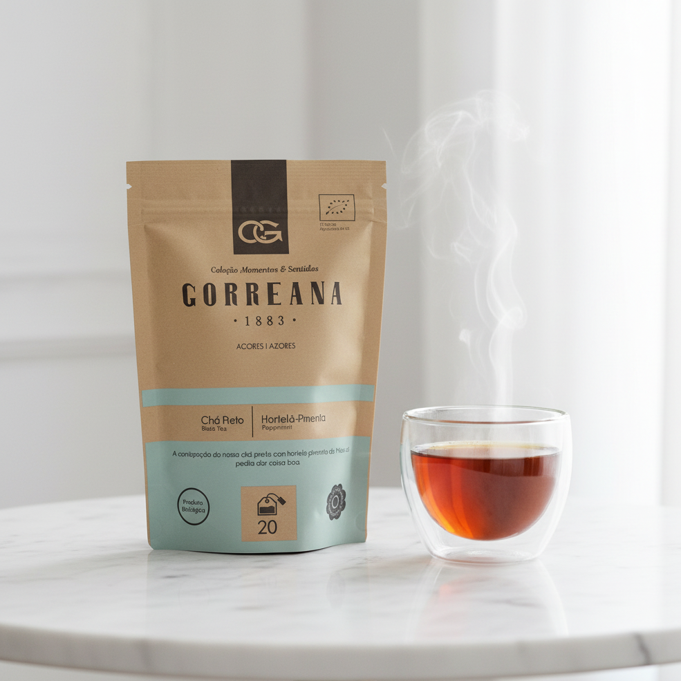 20_Teabags_Gorreana_Black_Tea_with_Peppermint_Loose_Leaf_from_Azores_Bold_Refreshing_on_a _table_served