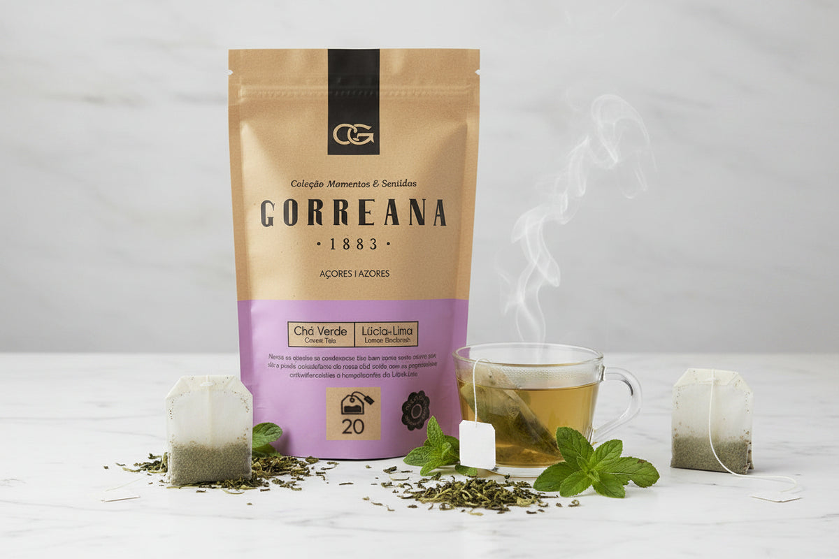 20 Teabags Gorreana Green Tea w/ Lemon Verbena Loose Leaf from Azores Light, Calming & Digestive Blend served