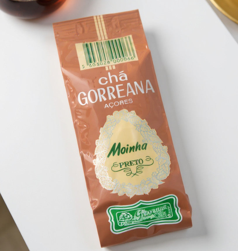 250g Premium Gorreana Black Tea Moinha – Broken Leaf from the Azores Strong Bold - package on table
