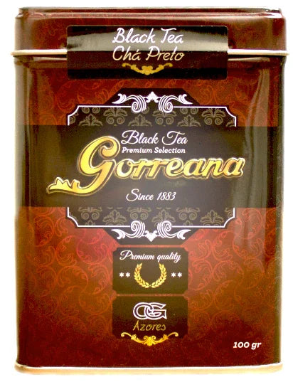 Gorreana premium black tea tin from Azores with ornate red and brown packaging, 100g