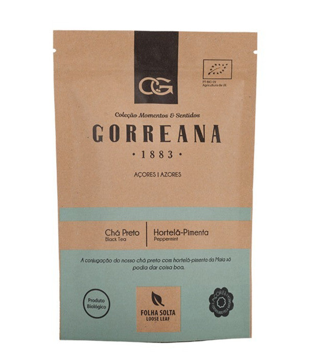 80g Gorreana Black Tea with Peppermint – Loose Leaf from the Azores – Bold &amp; Refreshing Herbal Blend&nbsp;|&nbsp;80g Chá Preto Gorreana com Hortelã-Pimenta – Folha Solta dos Açores – Mistura Refrescante e Revigorante embalagem