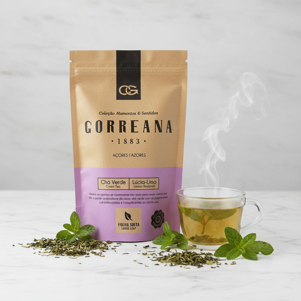 80g_Gorreana_Green_Tea_w_Lemon_Verbena_Loose_Leaf_from_Azores_Light_Calming_Digestive_Blend_package_served