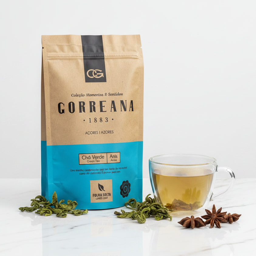 80g Gorreana Green Tea with Anise – Loose Leaf from the Azores – Sweet & Digestive Herbal Blend package served