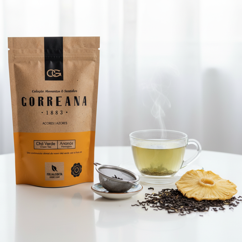 80g Gorreana Green Tea with Azorean Pineapple – Loose Leaf – Fruity & Refreshing package with cup on side
