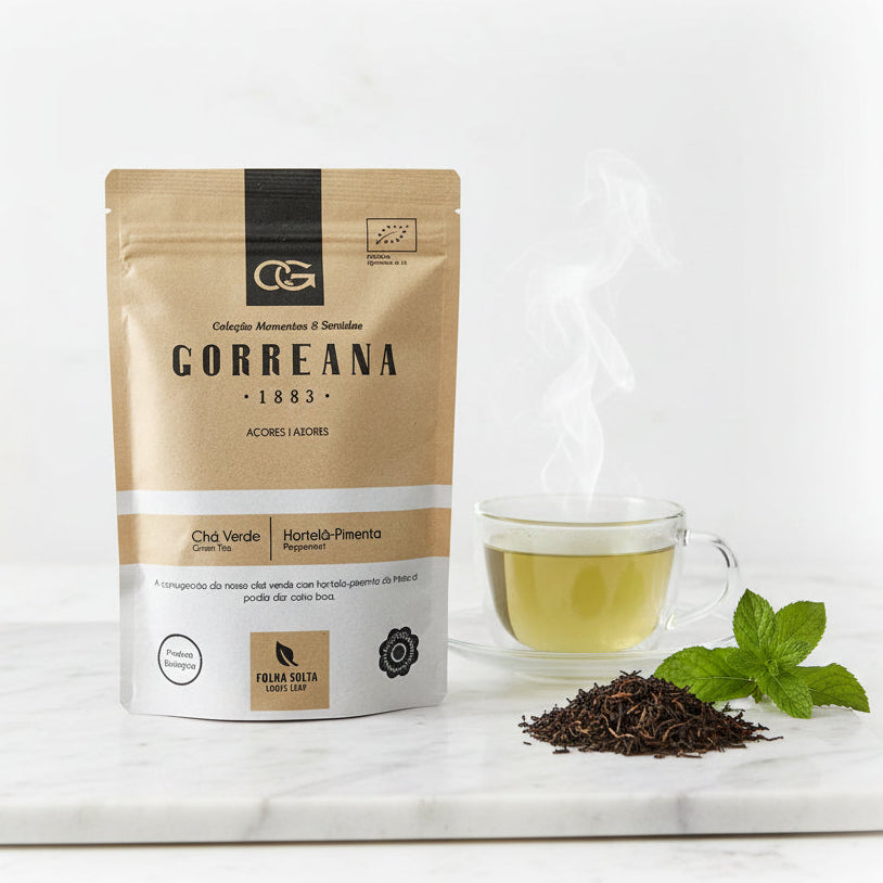 80g Gorreana Green Tea with Peppermint Loose Leaf from Azores - Fresh, Digestive package with loose leafs on side