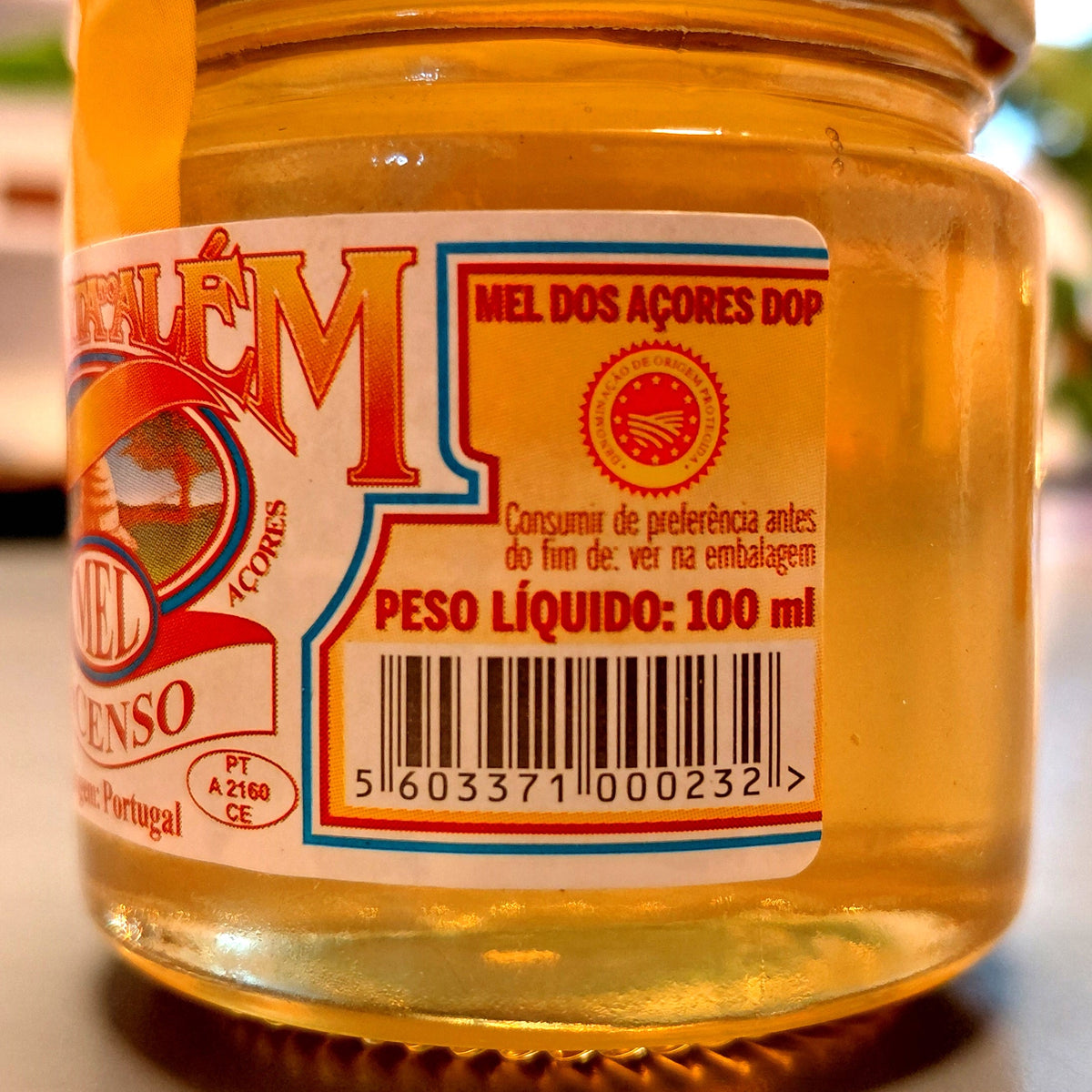 Azores Incense Honey DOP – Quinta do Além – Premium Pittosporum Honey – Glass Jar barcode weight label