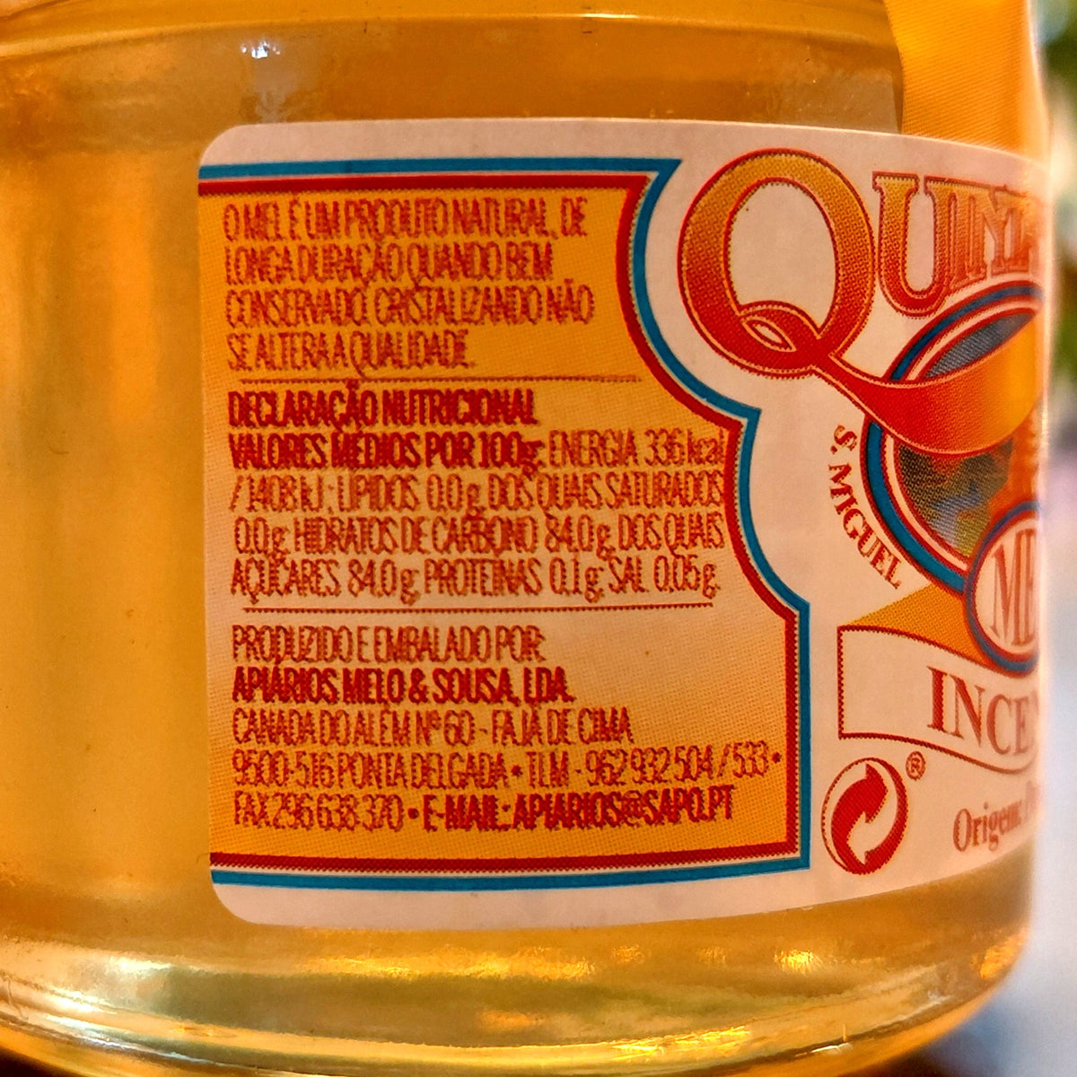 Azores Incense Honey DOP – Quinta do Além – Premium Pittosporum Honey – Glass Jar origin nutritional label