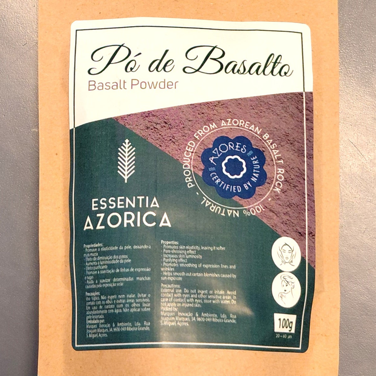 Basalt Powder – Natural Skin Care for Face and Body Mask | Essentia Azorica – Azores package label