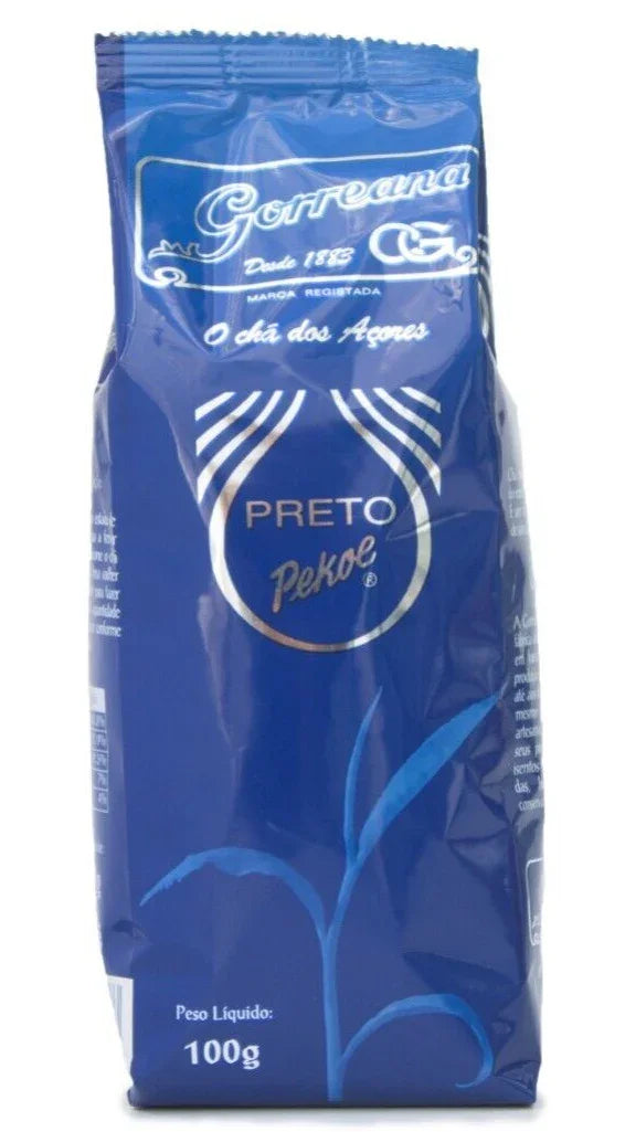 Gift Box - 6 Pack Organic Premium Tea Gorreana Azores (4x100g Loose Leaf + 2x10 Tea Bags) Gorreana brand blue package of Preto Pekoe black tea weighing 100g from the Azores