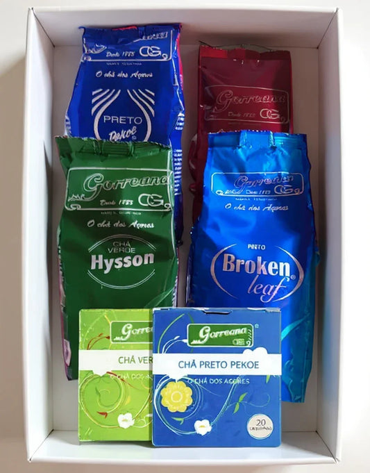 Gift Box - 6 Pack Organic Premium Tea Gorreana Azores (4x100g Loose Leaf + 2x10 Tea Bags) inside Box with colorful packets and boxes of Gorreana tea including Chá Verde Hysson and Chá Preto Pekoe