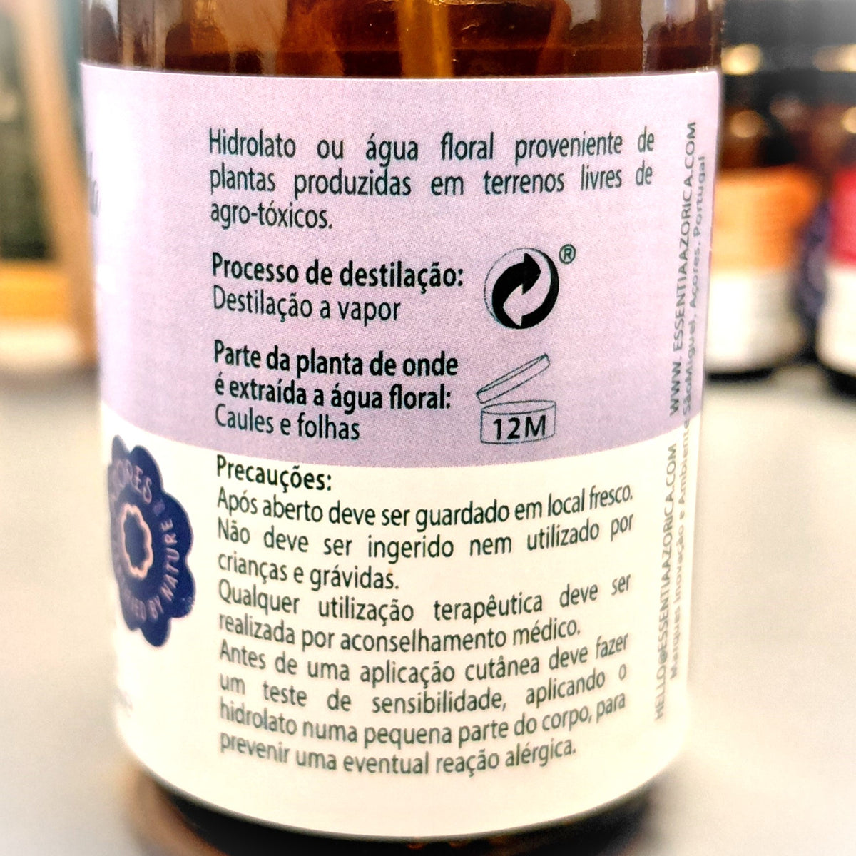 Lavender Allardi Floral Water (Hydrolat) – 100ml Lavandula x allardii | Essentia Azorica – Azores Glass Bootle origin and warning label