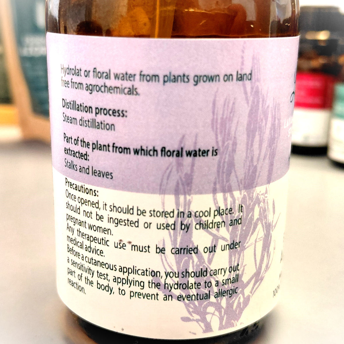 Lavender Allardi Floral Water (Hydrolat) – 100ml Lavandula x allardii | Essentia Azorica – Azores Glass Bootle origin and warning label en