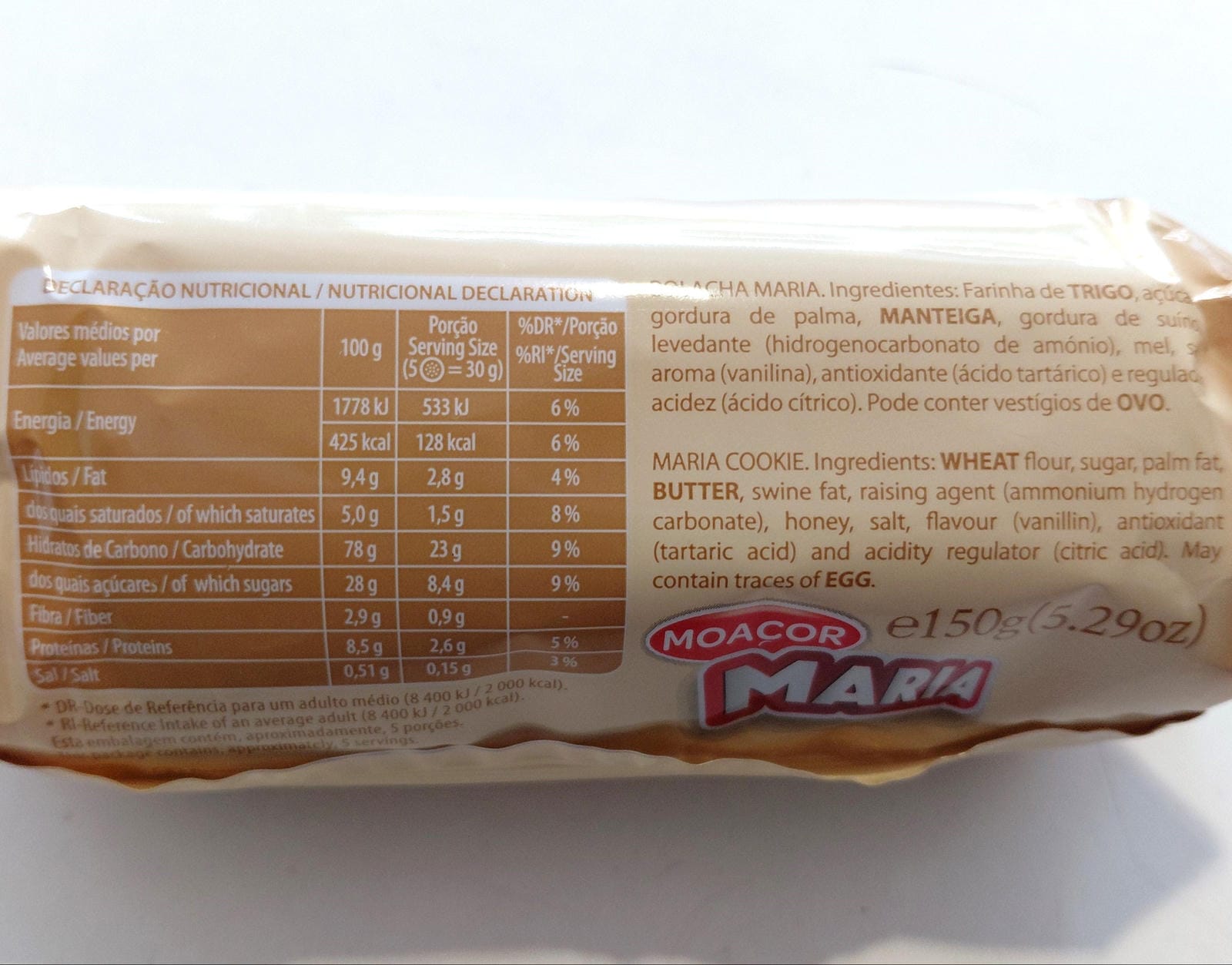 Maria Biscuits 150g – Moaçor – Classic Azores Cookies back info nutritional table
