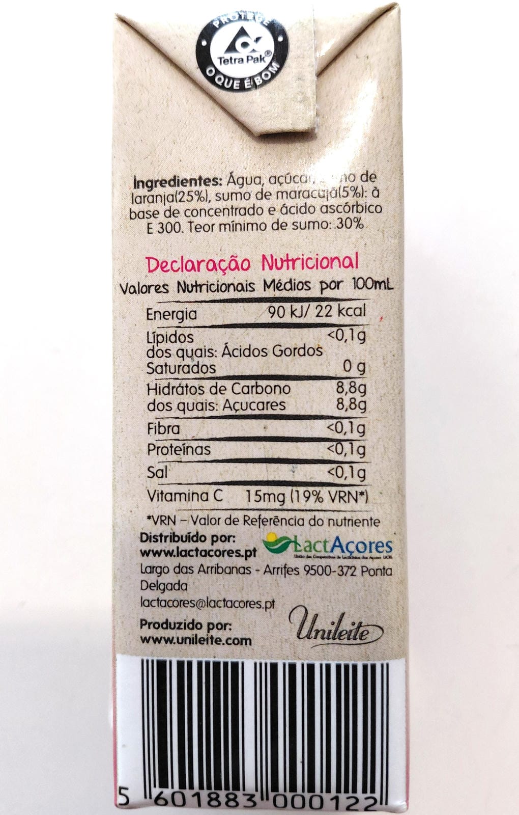 Mic Mac juice orange passion fruit package 200ml side nutritional table