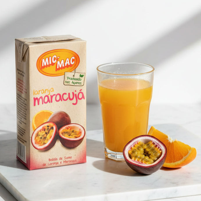 Mic Mac juice orange passion fruit package 200ml glass cup with orange juice served on the side