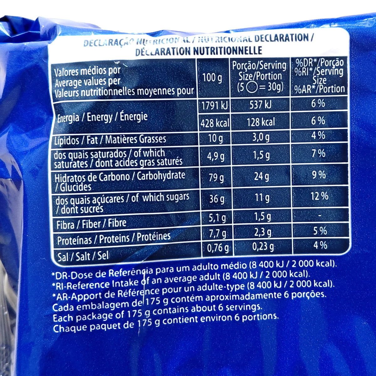 Mulata Chocolate Biscuits 175g – Moaçor – Iconic Cookies from Azores 3x175g nutritional table