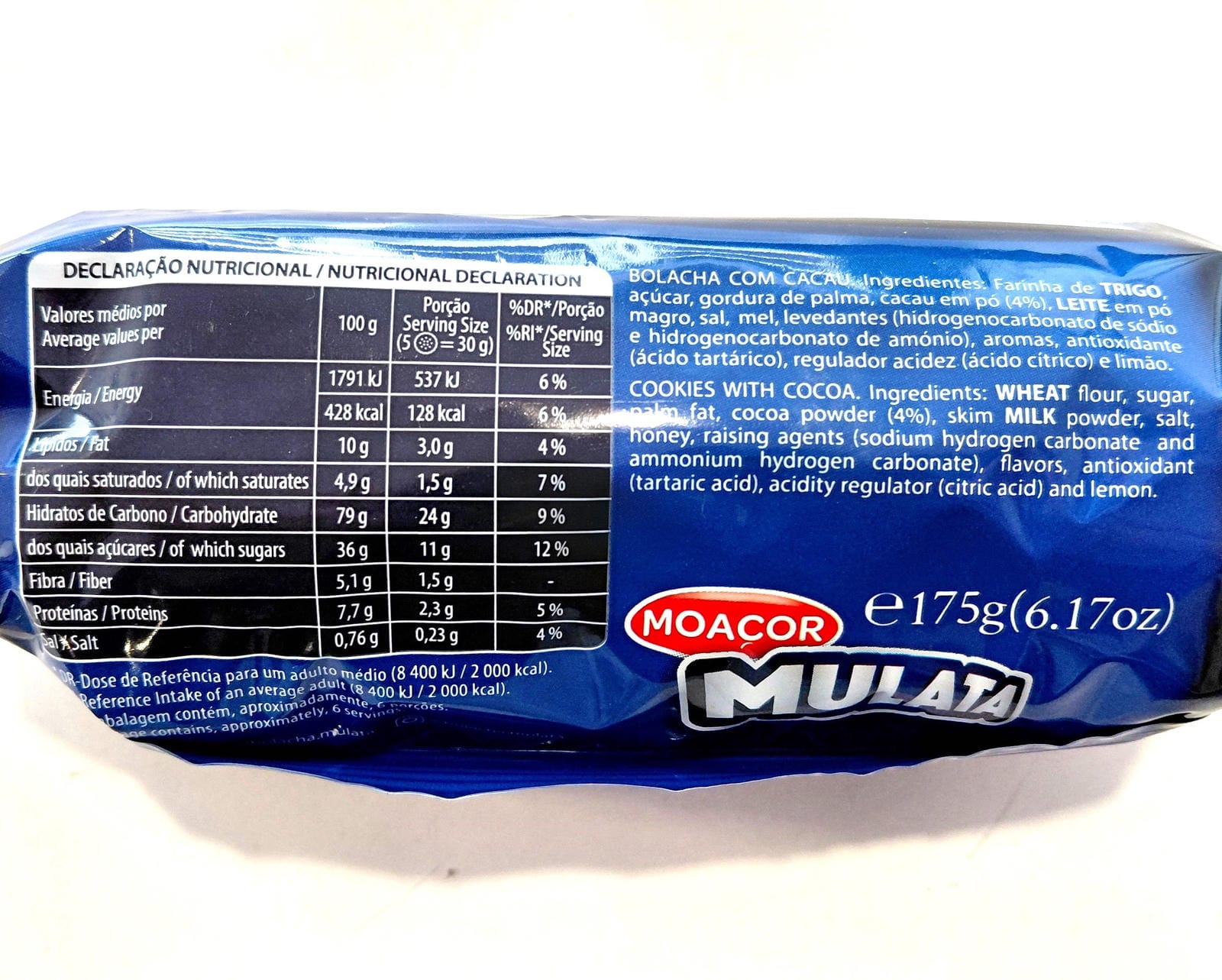 Mulata Chocolate Biscuits 175g – Moaçor – Iconic Cookies from Azores back info nutritional table