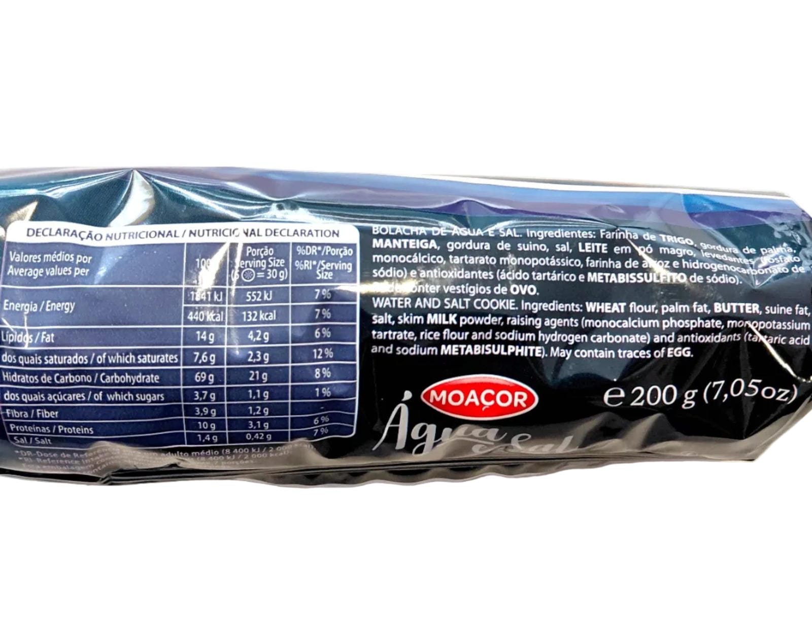 Salted Water Crackers 200g – Moaçor – Traditional Azores Snack back info nutritional table