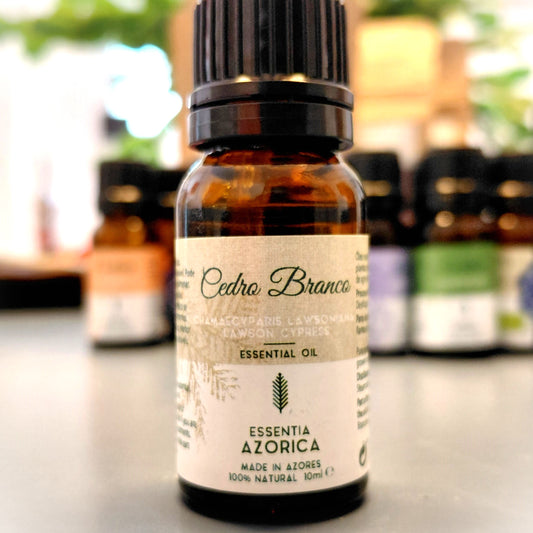 White Cedar Essential Oil – 10ml/100ml Chamaecyparis lawsoniana | Essentia Azorica – Azores Glass bottle front