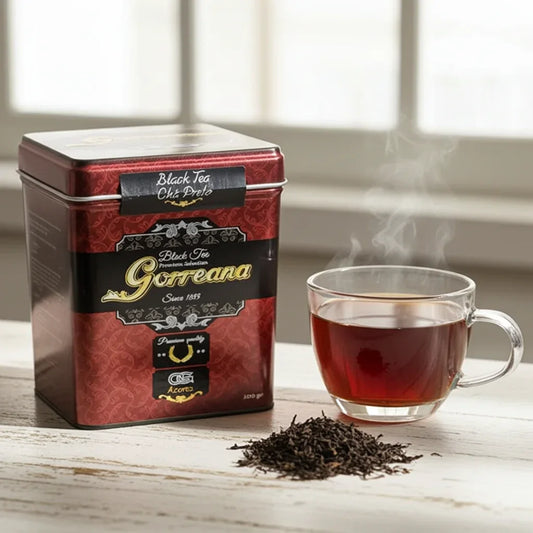 Tin of Gorreana black tea, loose tea leaves, and a steaming glass cup of brewed tea on a wooden table
