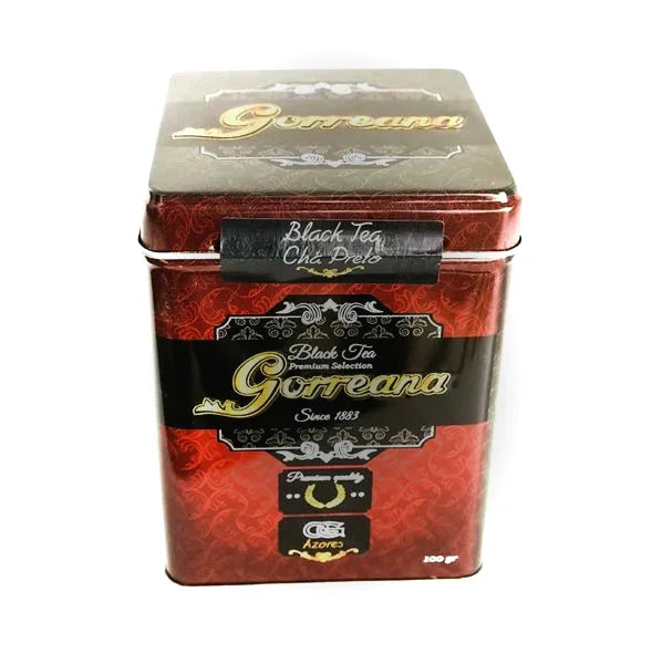 Premium Goreana black tea tin with red and black ornate design, 100g package from Azores