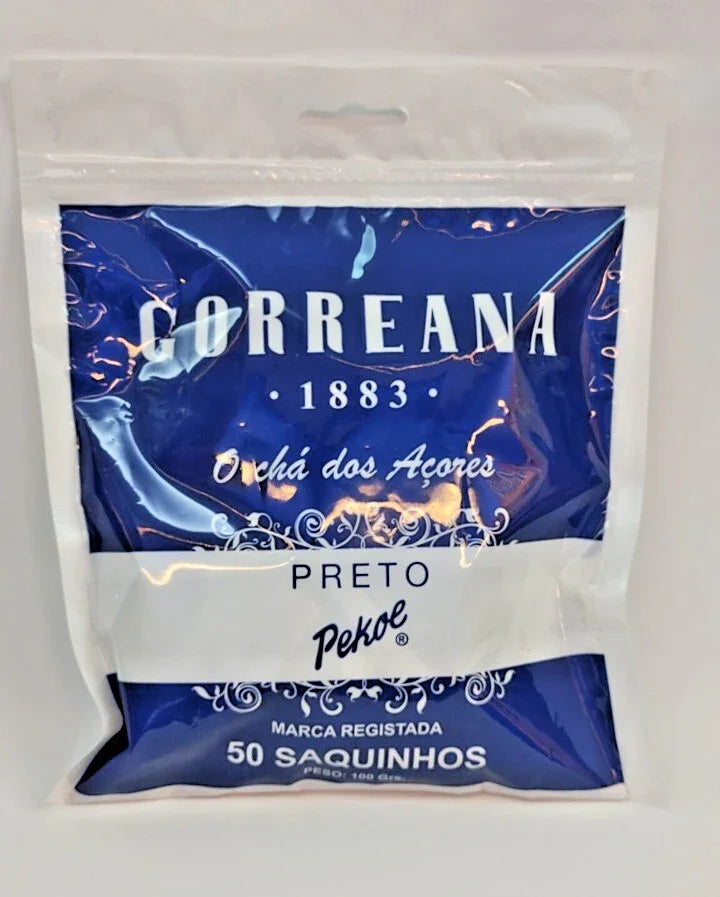 Gorreana 1883 O chá dos Açores Preto Pekoe tea bag pack with 50 sachets in blue and white packaging