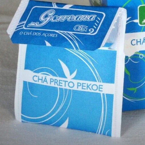 Blue package of Gorreana Chá Preto Pekoe black tea from Azores with white swirling design