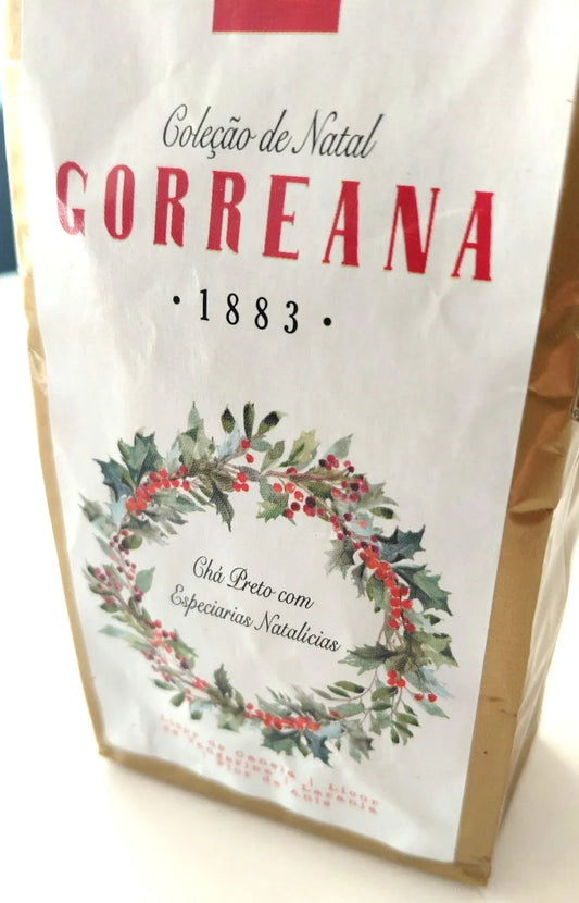 Gorreana 1883 Christmas collection black tea with holiday spices in decorative packaging with festive wreath
