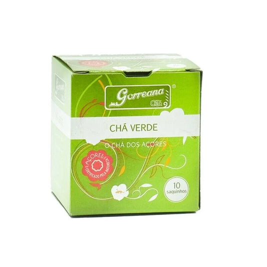 Green box of Gorreana Chá Verde Azores green tea with 10 sachets and certification seal