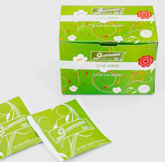 Gorreana Chá Verde green tea boxes and tea bags from Azores with floral design, 20 tea bags