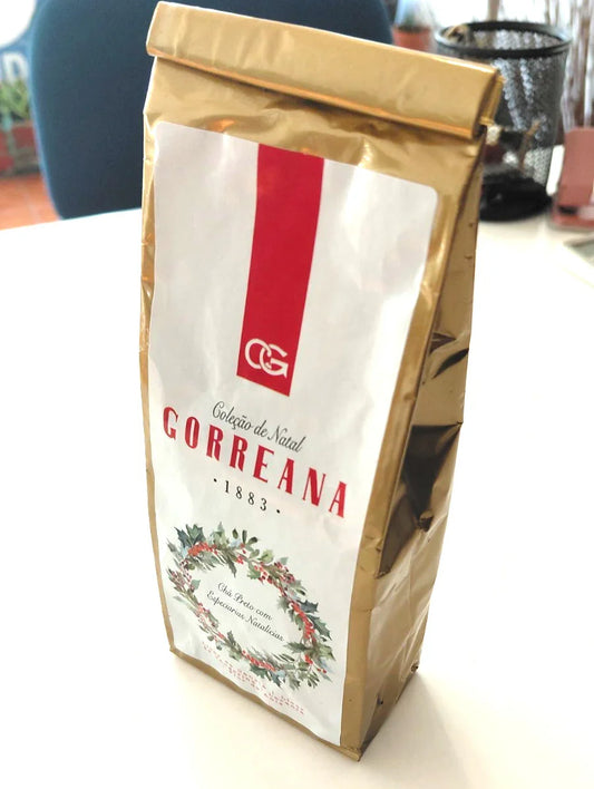 Gorreana 1883 Christmas collection black tea package with holiday spice wreath design
