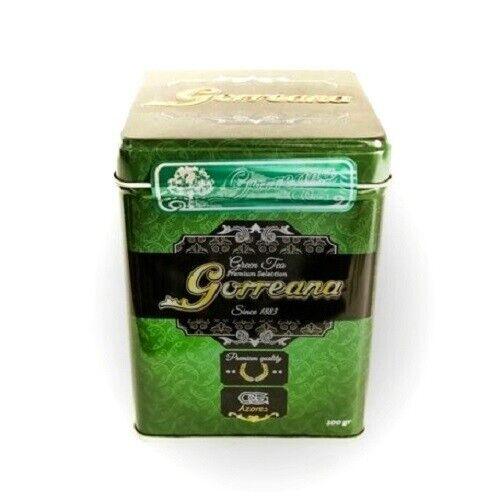 Green metal tin of Gorreana green tea with decorative vintage-style label
