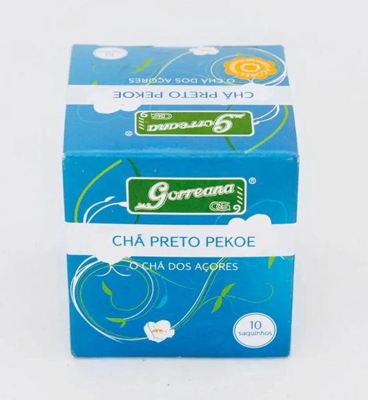 Gorreana Chá Preto Pekoe black tea box from Açores with 10 sachets on white background